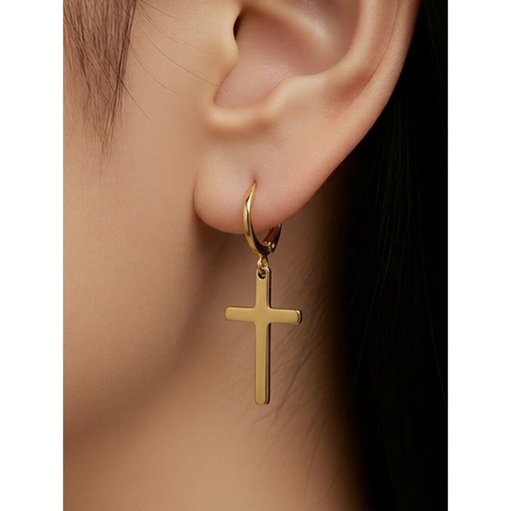 Gold Cross Huggie Hoop Earrings Stainless Steel Faith Dangle Christian Faith